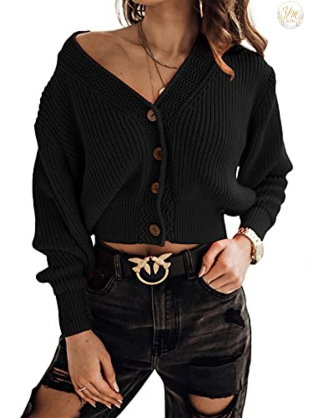 Chunky Knit Cropped Cardigan V-Neck Long Sleeve Button Front Sweater